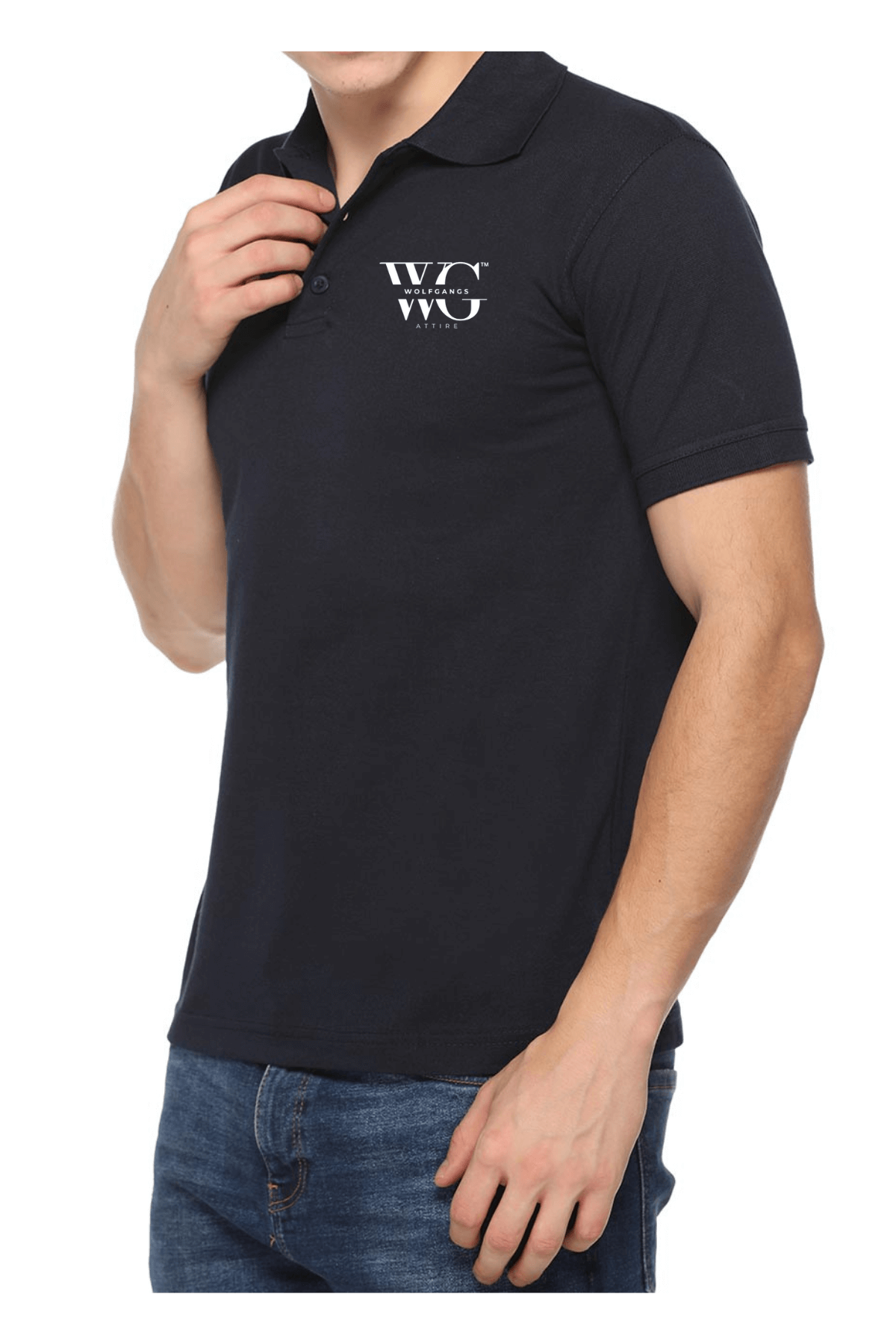 Model wearing WG Promo Polo in black – sleek, clean, and ideal for daily uniforms