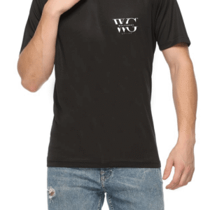 Man wearing black Sports Republic T-Shirt by Wolfgangs – lightweight performance activewear for adults.