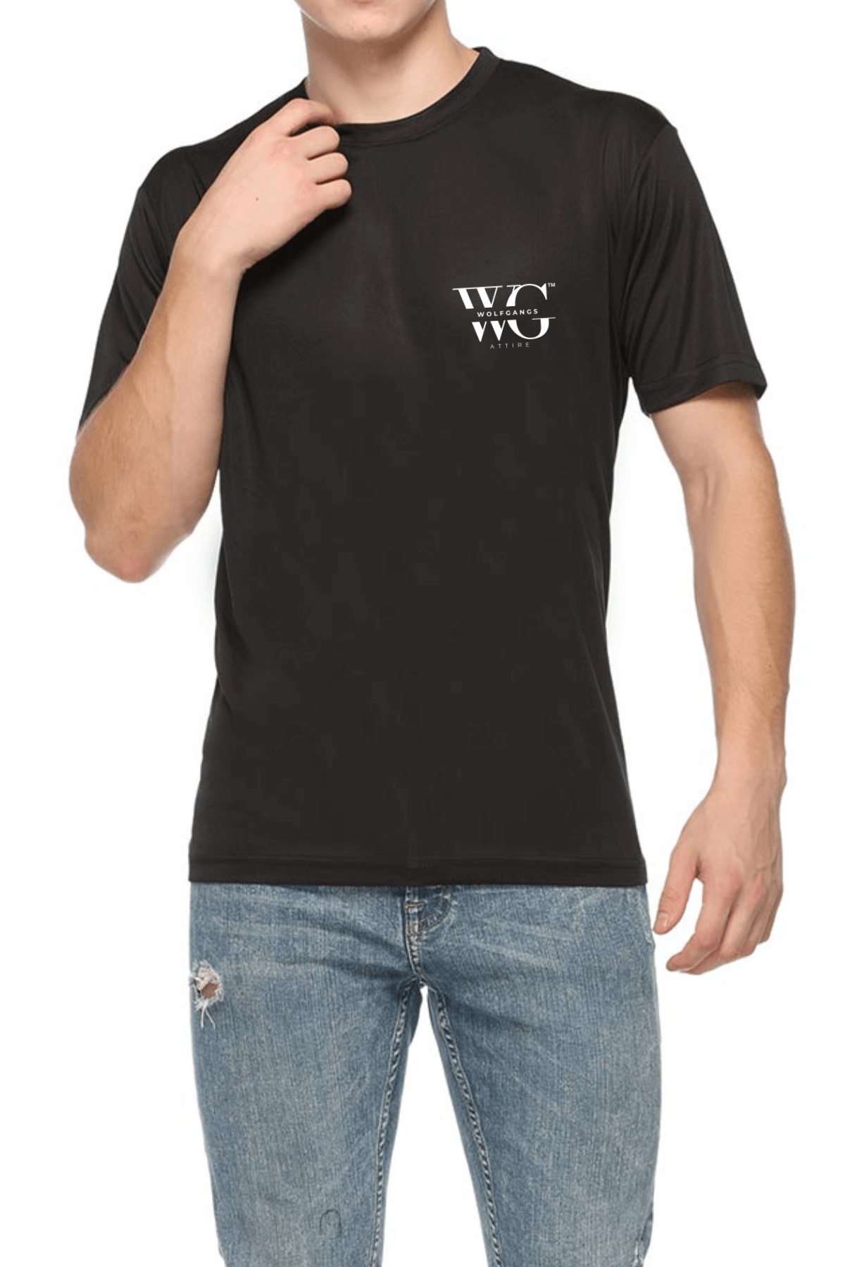 Man wearing black Sports Republic T-Shirt by Wolfgangs – lightweight performance activewear for adults.